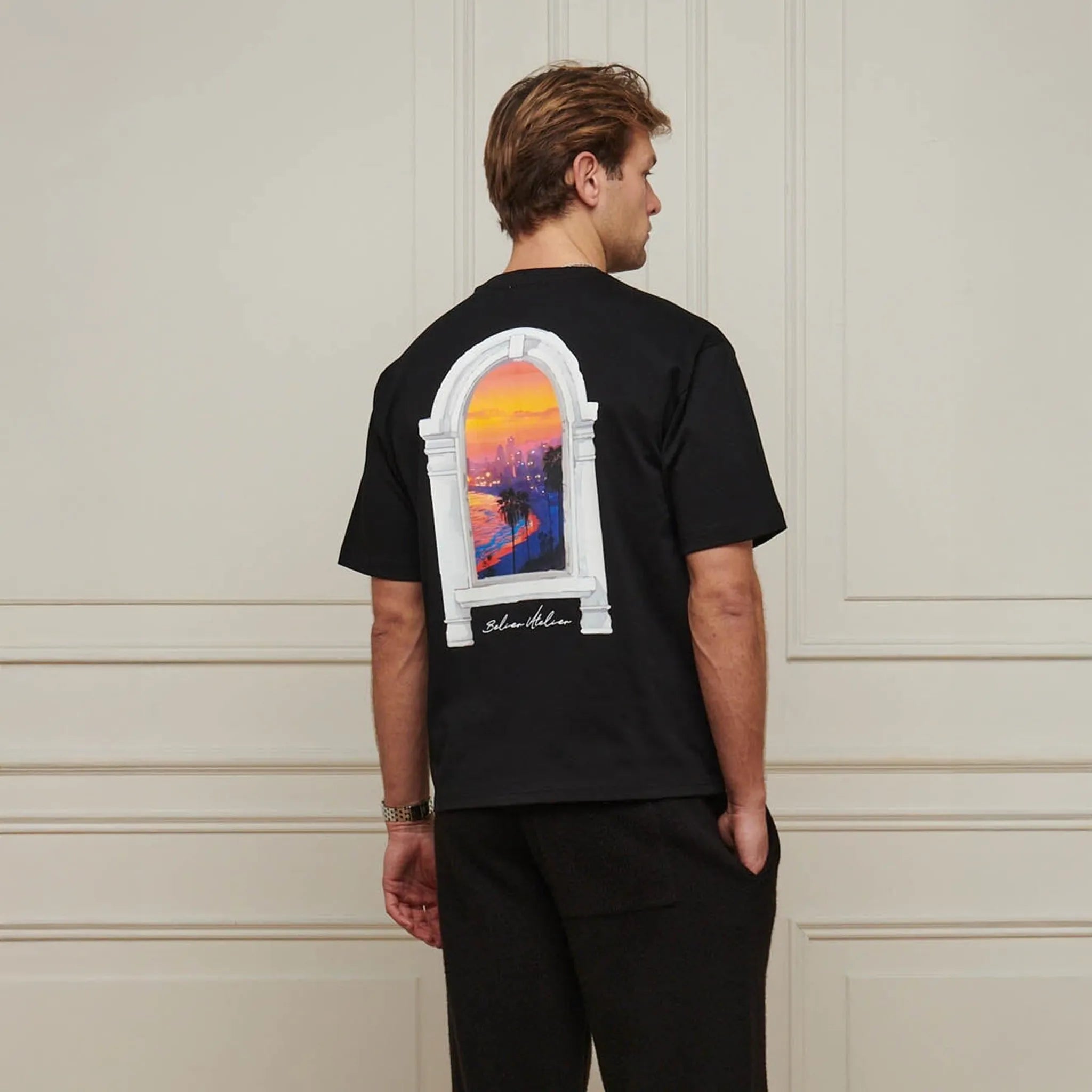 Back View of Belier Miami Sunset Arch Black T Shirt BM838BLK